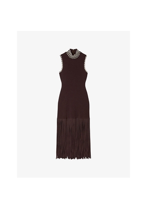 Womens Sandro Fringed-Hem Round-Neck Sleeveless Stretch-Knit Maxi Dress