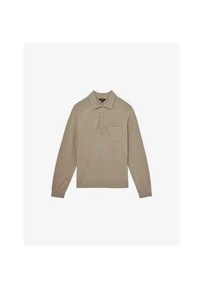 Mens Reiss Clinton Patch-Pocket Long-Sleeve Cotton Polo
