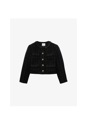 Womens Sandro Ruffled-Trim Button-Down Tweed Jacket