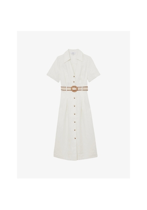 Womens Reiss Anita V-Neck Belted-Waist Linen Midi Dress