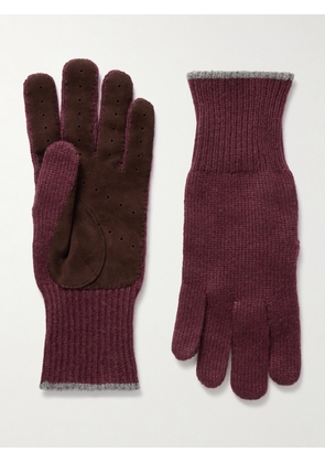 Brunello Cucinelli - Suede-Trimmed Ribbed Cashmere Gloves - Men - Burgundy - M