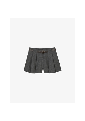 Womens Sandro Belted-Waist High-Rise Pleated Stretch-Woven Shorts