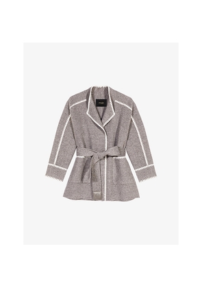 Womens Maje Belted Embroidered-Trim Wool-Blend Coat