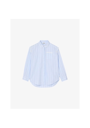 Womens Sandro Button-Embroidered Relaxed-Fit Striped Cotton Shirt