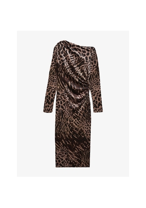 Womens Reiss Briana Leopard-Print Off-Shoulder Stretch-Velvet Midi Dress