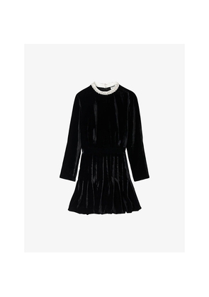 Womens Sandro Beaded Long-Sleeve Velvet Mini Dress