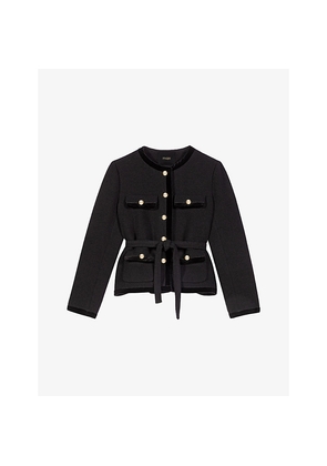 Womens Maje Contrast-Trim Belted-Waist Tweed Jacket