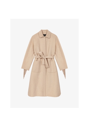 Womens Maje Fringed Belted-Waist Wool-Blend Coat