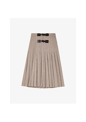Womens Maje Pleated Check-Pattern Stretch-Woven Midi Skirt
