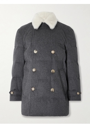 Brunello Cucinelli - Double-Breasted Shearling-Trimmed Quilted Wool Down Jacket - Men - Gray - S
