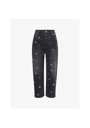 Womens Free People Deep Trance Star-Embroidered Boyfriend Denim Jeans