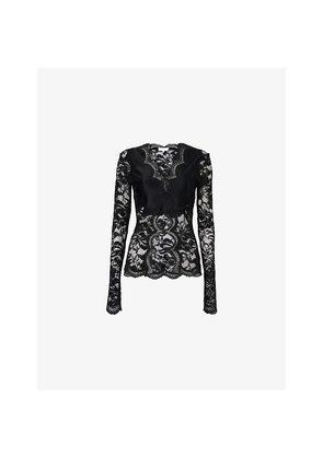 Womens Rabanne Lace-Embroidery Long-Sleeves Stretch-Woven Top