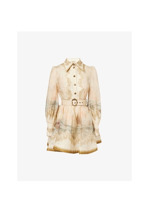 Womens Zimmermann Rebellion Marine Puffed-Sleeves Linen and Silk Mini Dress