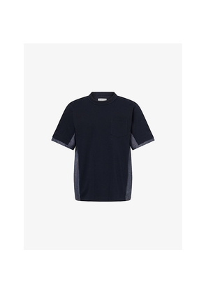 Mens Sacai Denim-Panel Crewneck Cotton-Jersey T-Shirt