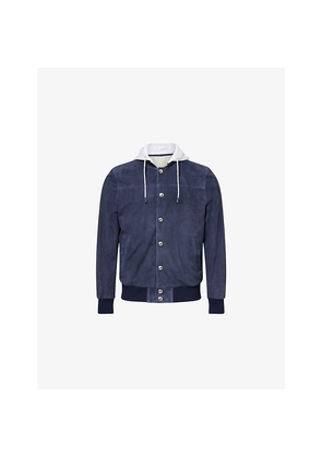 Mens Eleventy Detachable-Hood Suede Bomber Jacket