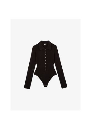 Womens The Kooples Polo-Collar Ribbed Knit Bodysuit
