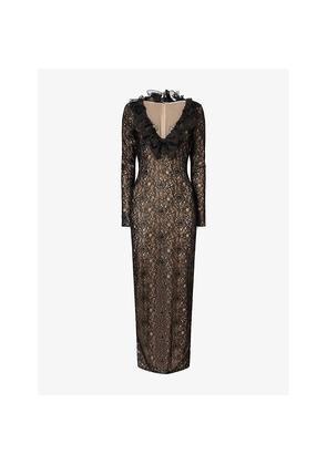 Womens Alessandra Rich V-Neck Frilled Stretch-Lace Midi Dress
