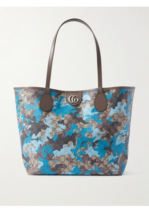 Gucci - Camouflage-Print Monogrammed Webbing-Trimmed Coated-Canvas Tote - Men - Blue