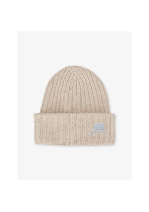 Womens Ganni Ribbed Brand-Embroidery Wool-Blend Beanie