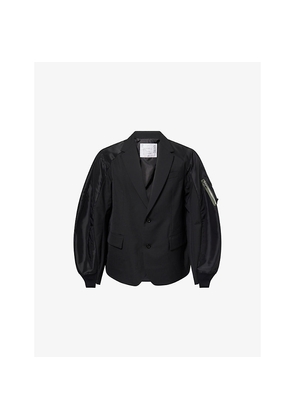 Mens Sacai Tailored-Contrast Wool-Blend and Nylon Jacket