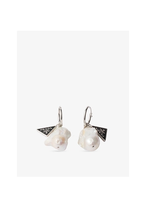 Prada Brand-Plaque Metal and Pearl Drop Earrings