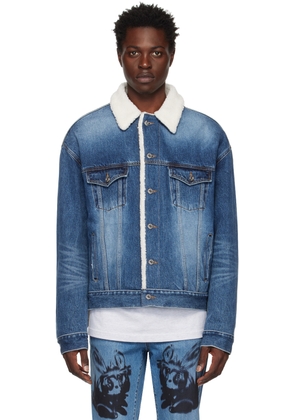 We11done Navy Oversized Faux-Shearling Denim Jacket