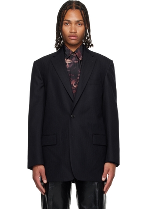 Dries Van Noten Navy Herringbone Wool Blazer