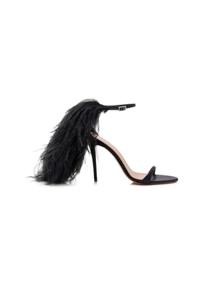 Amina Muaddi Jerry Feather-Trimmed Satin Sandals - Moda Operandi