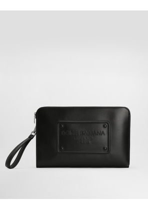 Dolce & Gabbana Large Calfskin Pouch With Raised Logo - Man Briefcase And Clutches Black Leather Onesize