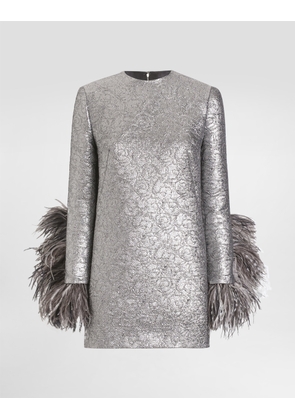 Dolce & Gabbana Quilted Lamé Jacquard Sack Minidress With Feathered Cuffs - Woman Dresses Silver 42