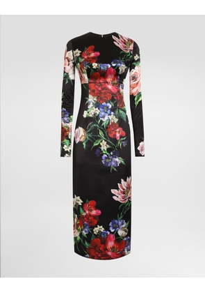 Dolce & Gabbana Satin Calf-length Round-neck Dress With Floral Print - Woman Dresses Print 46