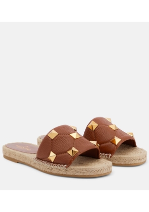 Valentino Garavani Roman Stud leather and raffia slides