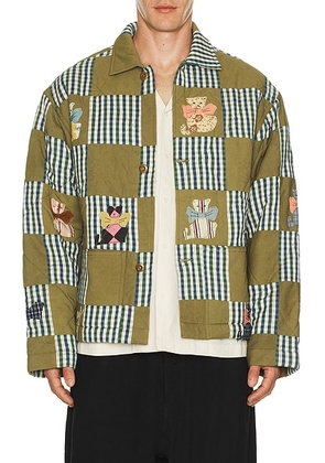 Story mfg. Short On Time Jacket in Tales Patchwork - Olive. Size L (also in M, S).