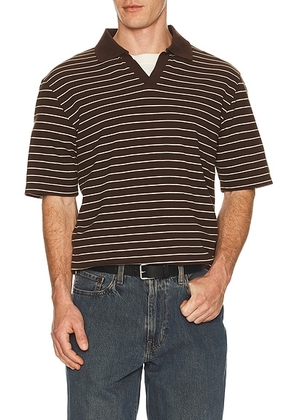 SAMSOE SAMSOE Samac V-Neck Polo in Coffee Brown Stripe - Brown. Size L (also in M, S, XL/1X, XXL/2X).