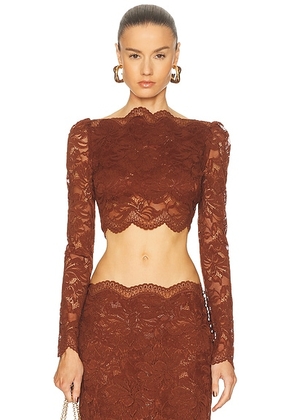 RABANNE Lace Off Shoulder Top in Cinnamon Brown - Brown. Size 36 (also in 38, 40, 42).