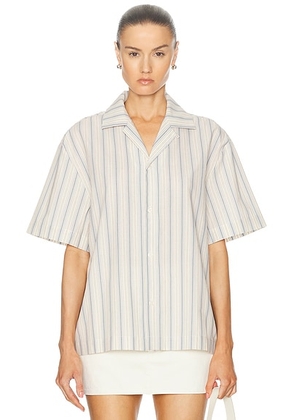 WAO Textured Stripe Camp Shirt in Cream & Blue - White. Size S (also in ).