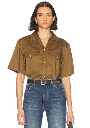 WAO Satin Western Short Sleeve Shirt in Olive - Olive. Size L (also in M, S, XS).