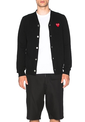 COMME des GARCONS PLAY Lambswool Cardigan with Red Emblem in Black - Black. Size L (also in M, S, XL).