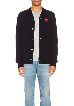 COMME des GARCONS PLAY Lambswool Cardigan with Red Emblem in Navy - Blue. Size L (also in M, S).