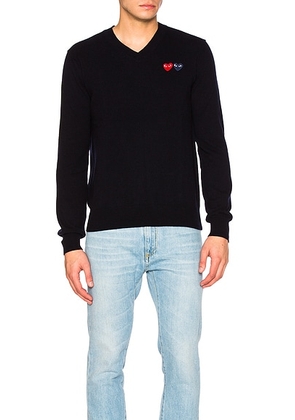 COMME des GARCONS PLAY V Neck Double Emblem Sweater in Black - Black. Size L (also in M, S, XL).