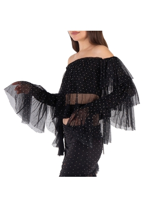 Rotate Rhinestone-Embellished Ruffled Mesh Cropped Top