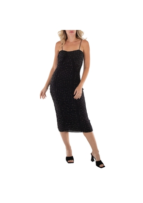 Rotate Black Ruched Crystal Mesh Midi Dress