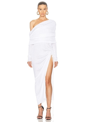 ALAÏA Off Shoulder Asymmetric Dress in Blanc Optique - White. Size 38 (also in ).