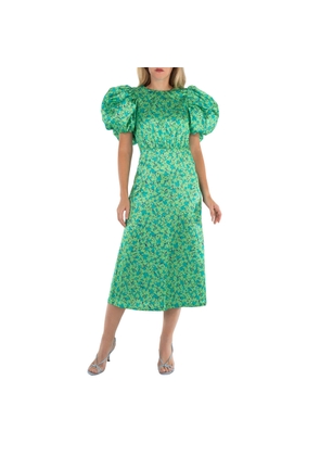 Rotate Midi Dress With Multicolor Floral Print And Puffed Sleeve
