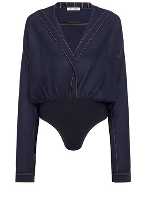 ALAÏA Hooded Long Sleeve Bodysuit in Marine Fonce - Navy. Size 34 (also in 36, 38, 40).