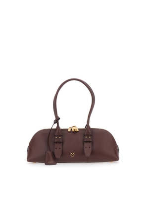 Pinko Bowling Bag Horizontal Big Brown Handbag With Adjustable And Removable Shoulder Strap And Padlock Detail In Leather Woman