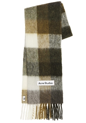 Acne Studios Mohair Checked Scarf in Taupe  Green  & Black - Olive. Size all.