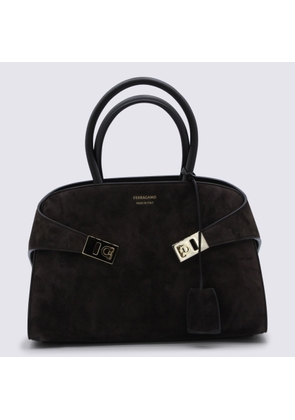Ferragamo Dark Brown Leather Hug S Suede Top Handle Bag