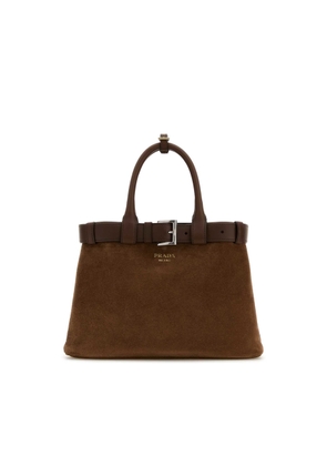 Brown Suede Prada Buckle Medium Handbag