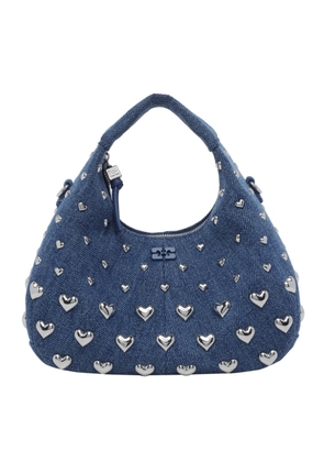 Ganni Hobo Mini Heart Stud Denim Handbag